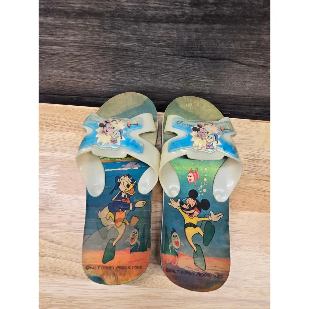 Vintage Walt Disney Mickey Mouse Donald Duck Kids Flip Flops Blue 9.5in sz m